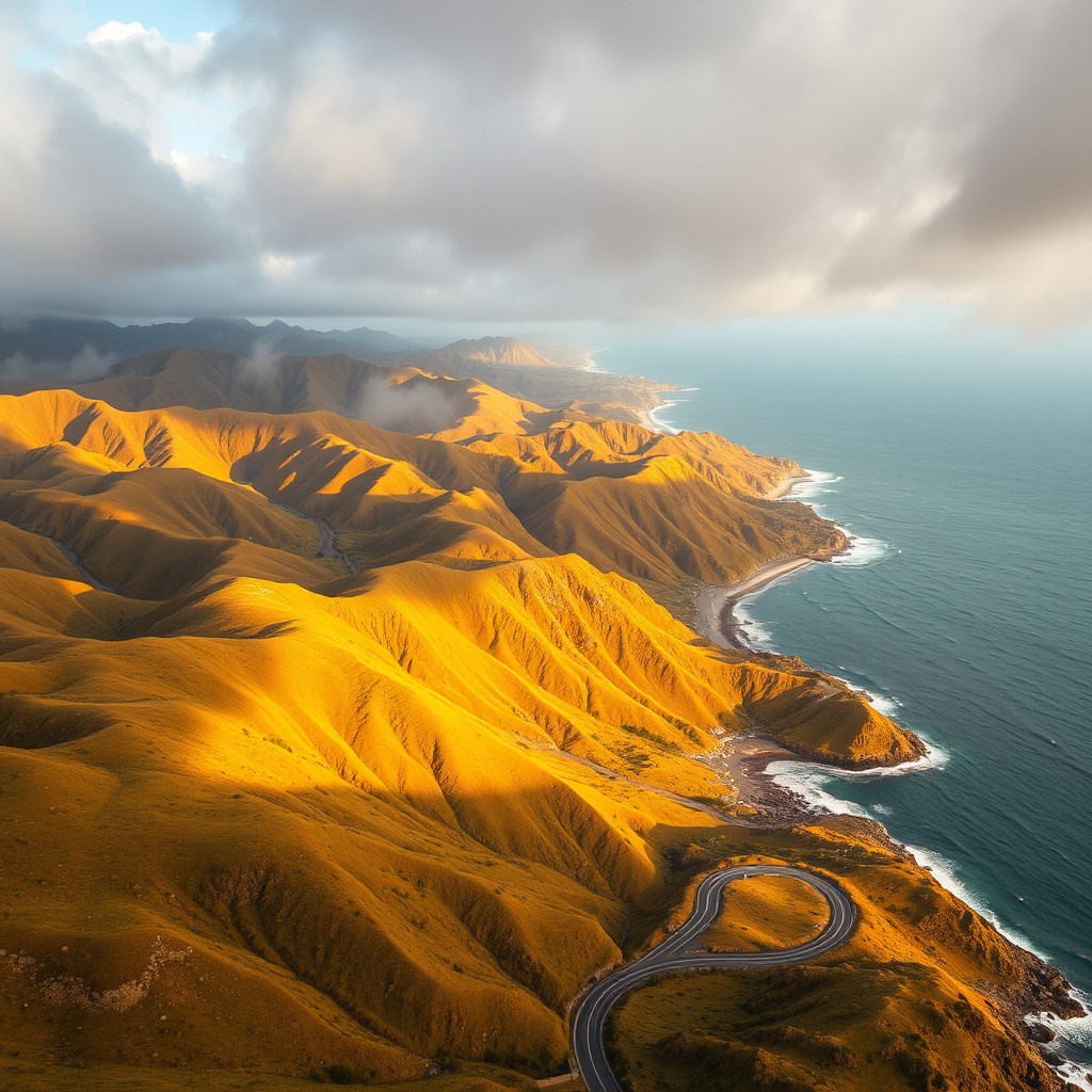 Capture a dramatic aerial view of lush, golden-hued mountains cascading down to a coastal landscape, with a winding road, using a DSLR camera at f/8, ISO 200, 24mm lens, in natural light to enhance detail and contrast.