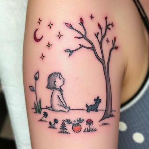 Illustrative storybook tattoo, "Fairytale Canvas," depicting a whimsical scene from a beloved story or fable using a combination of fine lines and soft color washes, creating a dreamy, nostalgic atmosphere reminiscent of classic children's book illustrations