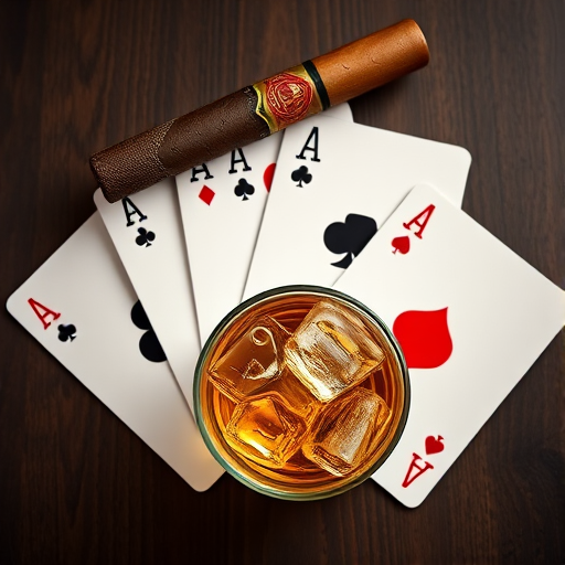Create a high-quality image of four playing cards displaying three aces and one heart, with a cigar resting on the edge of a glass filled with whiskey and ice, captured with a DSLR camera at f/2.8, ISO 100, and a 50mm lens, in a top-down view to emphasize the cards and drink.