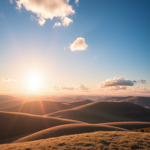 generate a serene sunrise landscape with rolling blue hills, soft fluffy clouds in a clear sky, vibrant sun rays illuminating the scene, use a DSLR camera with a 50mm lens, aperture f/8, ISO 100, and a wide-angle view to enhance image quality.