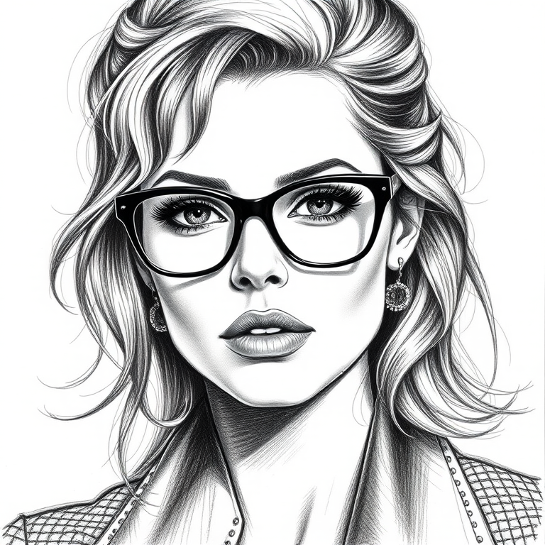 Beautiful Charlize Theron, pencil sketch, portrait of beautiful woman 60s in glasses, hair style beatnik, outline, clear lines, fine lines, 8k