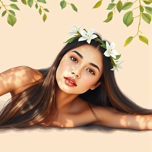 create a watercolor painting of an ethereal portrait of beautiful Mapuche woman with a simple white flower crown on her head. Her hair is long and she is lying on the ground. The sunlight on the trees casts shadows from the leaves on her face and body. The background is a neutral brown color that matches her skin tone. The image is minimalist and solid colors. This style is characterized by soft, delicate brushstrokes and a light, airy, contrasting color palette. High level of detail and play of light