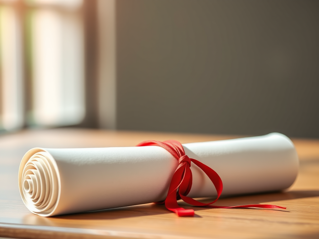 Create a high-resolution image of a diploma scroll with a red ribbon tied around it, captured with a DSLR camera at f/2.8 aperture, 50mm lens, in soft natural lighting, using a shallow depth of field from a slightly elevated angle to enhance the details and textures.