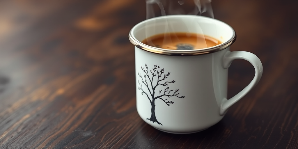 A close-up shot of a steaming white enamel mug with a delicate tree design on a dark wooden surface, captured with a DSLR camera, aperture f/2.8, ISO 100, shutter speed 1/60s, natural light, shallow depth of field.
