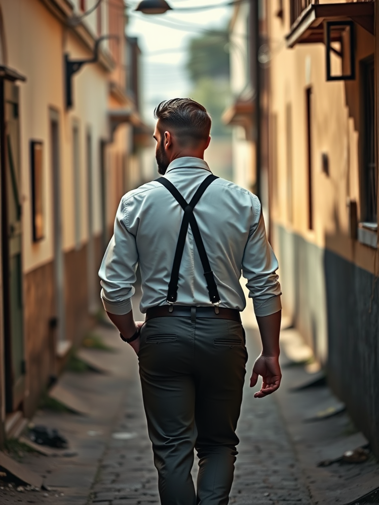 Generate a high-resolution image of a man walking away in a vintage setting, wearing suspenders, captured with a DSLR camera at f/2.8 aperture, ISO 100, 50mm lens, in soft natural light for enhanced detail and clarity.