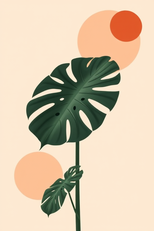 Create a minimalist illustration of a monstera plant with dark green leaves against a soft beige background featuring large, abstract circles in rust and peach colors, captured with a digital camera at f/4 aperture, 50mm lens, and a shallow depth of field.