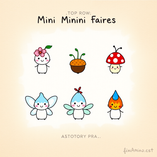 "Create an illustration featuring six cute, simple figures with various whimsical themes. Arrange them in two rows:

1. **Top Row:**
   - First figure: A tiny character with a pink flower on its head.
   - Second figure: A little character with green leaves sprouting from its head.
   - Third figure: A small character with an acorn cap on its head.
   - Fourth figure: A character with a red and white spotted mushroom cap.

2. **Bottom Row:**
   - First figure: A character with small butterfly wings.
   - Second figure: A character with a blue water droplet shape on its head.
   - Third figure: A character with a small flame on its head.

Use a soft, hand-drawn style on a textured paper background and label it ""Mini Minion Fairies"" at the top."