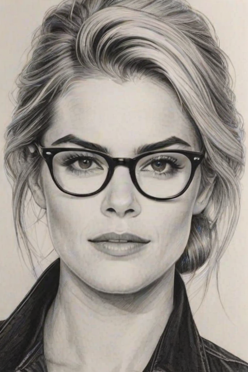 Splendid Rachael Taylor, pencil sketch, portrait of Ravishing woman 1972s in glasses, hair style beatnik, outline, clear lines, fine lines, 8k