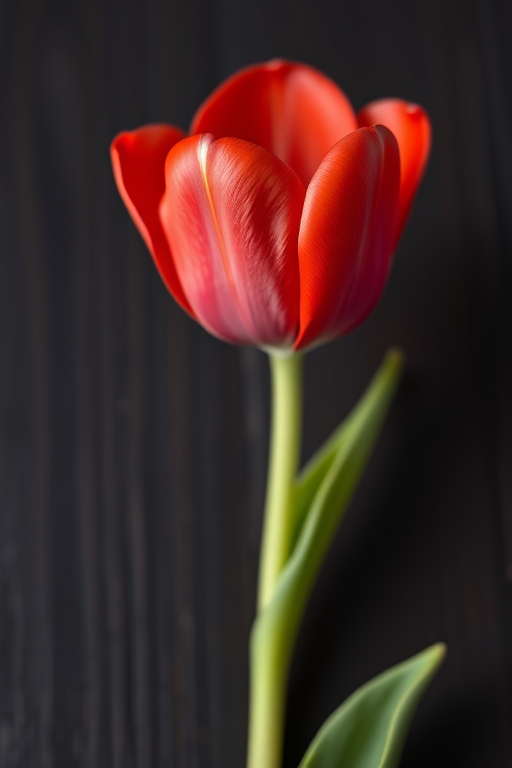 Capture a close-up of a single red tulip on a dark wooden background, using a 50mm lens, aperture f/1.8 for a shallow depth of field, ISO 200, and soft diffused lighting to enhance the flower's details and colors.