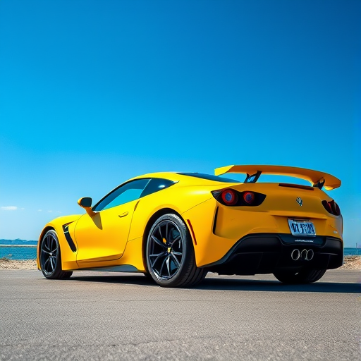 Capture a vibrant yellow sports car parked by the beach under a clear blue sky, using a Canon EOS R5, 24-70mm f/2.8 lens, aperture f/8, shutter speed 1/200s, ISO 100, with a wide-angle perspective and enhanced saturation for vivid colors.
