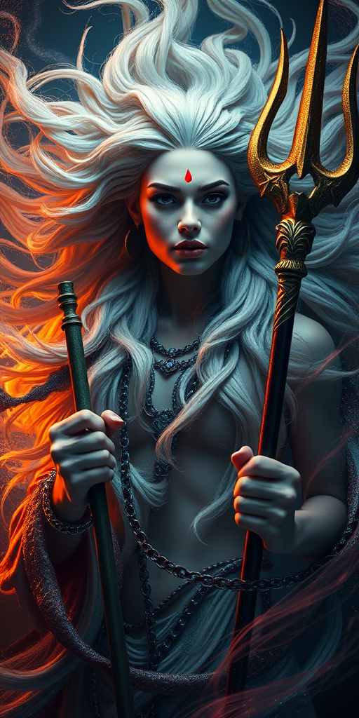 Create an ethereal portrait of a powerful deity with flowing hair and a trident, surrounded by dynamic swirling colors and textures, using a Canon EOS R5, 50mm lens, f/1.8, ISO 100, shot in backlight to enhance dramatic lighting and details.