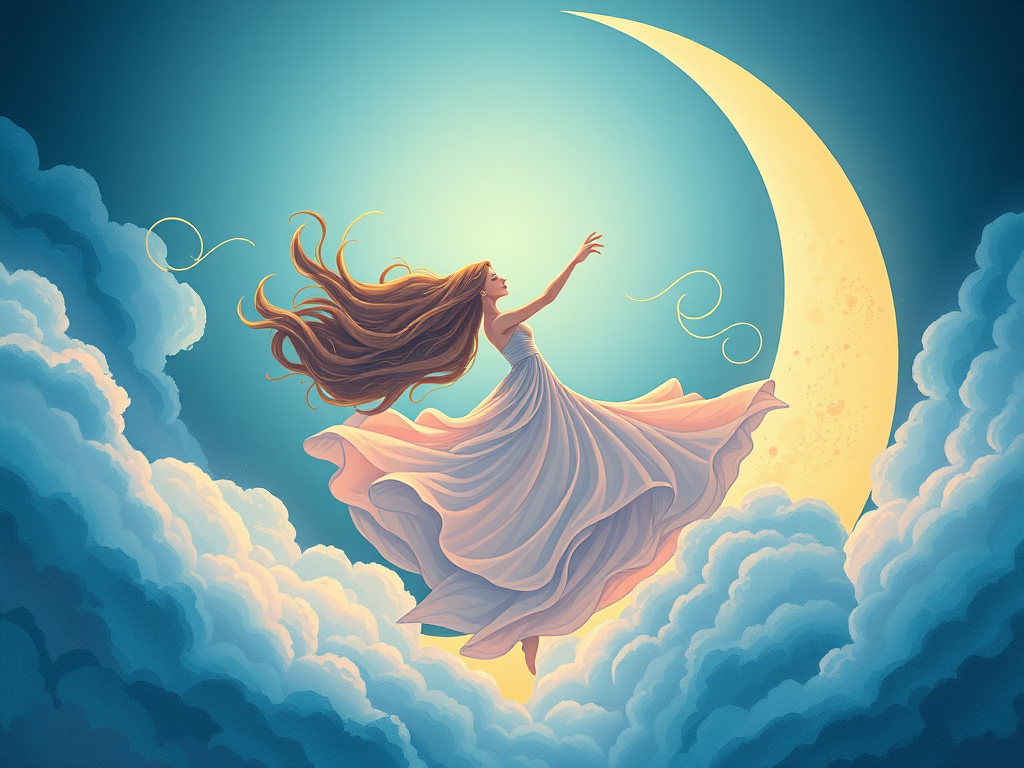 A dreamy illustration of a graceful woman dancing within a large crescent moon surrounded by swirling clouds, soft pastel colors blending with deep blues, intricate details in her flowing hair and dress, captured with a Canon EOS R5, 50mm lens, f/1.8, ISO 100, natural light, high dynamic range for vibrant colors and sharp details.
