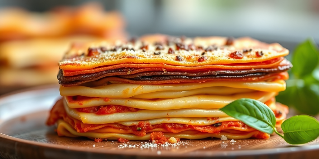 Create a high-quality illustration of a stack of lasagna with rich details, using a macro lens at f/2.8 for shallow depth of field, 50mm focal length, and natural lighting to emphasize textures and colors.