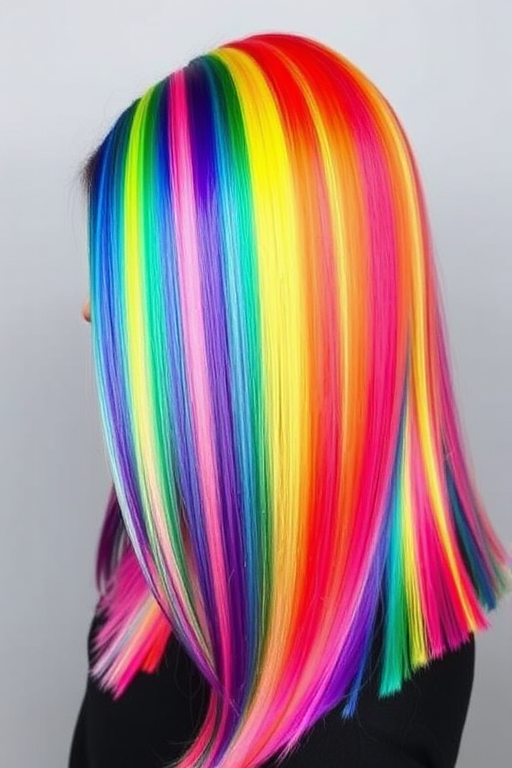 Vibrant rainbow hair dubbed "Prism Spectrum" featuring horizontal color blocking in all hues of the rainbow, styled straight and sleek for maximum impact