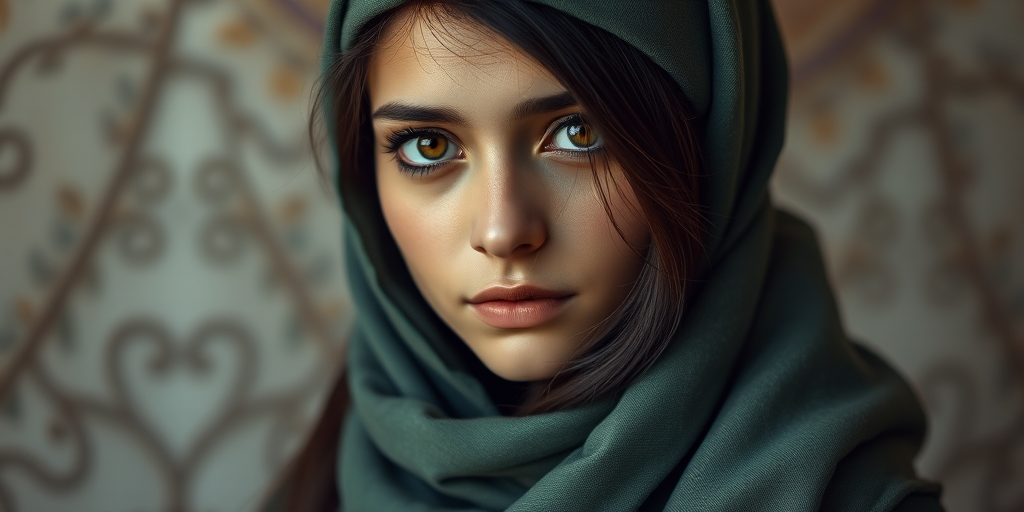 Create a portrait of a young Middle Eastern woman with long, dark hair and captivating hazel eyes. She is wearing a green headscarf and a matching scarf draped gracefully around her neck. The background is softly blurred, focusing attention on her serene and natural expression. The overall color palette is muted and warm, enhancing the intimate and authentic feel of the portrait.