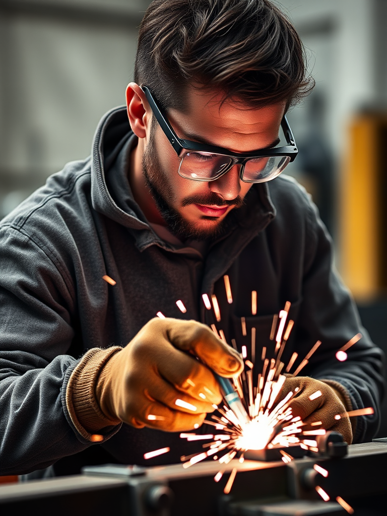 high-quality image of a male welder in a workshop, wearing protective glasses and gloves, sparks flying from metal work, soft lighting, focus on the welder and tools, aperture f/2.8, shutter speed 1/125s, ISO 200, 50mm lens
