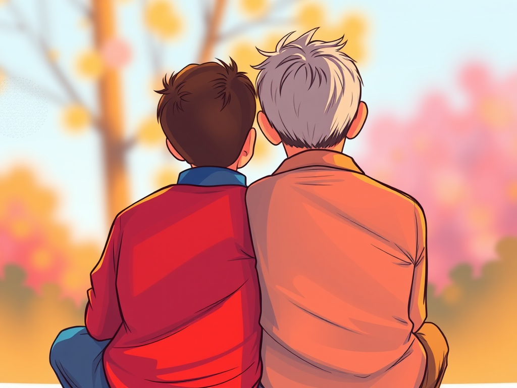 Create an illustration of a father and son sitting side by side, with the father wearing a red shirt and the son in a blue sweater, facing away from the viewer, in a bright and colorful style, using a digital drawing technique with high resolution, depth of field effect and warm lighting.