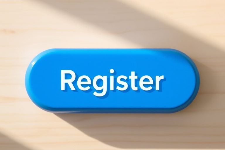 Create a sleek blue button with rounded edges featuring the text "Register" in white, captured with a Canon EOS R5, 50mm lens, f/2.8 aperture, ISO 100, in a top-down view with soft natural lighting to enhance image quality.