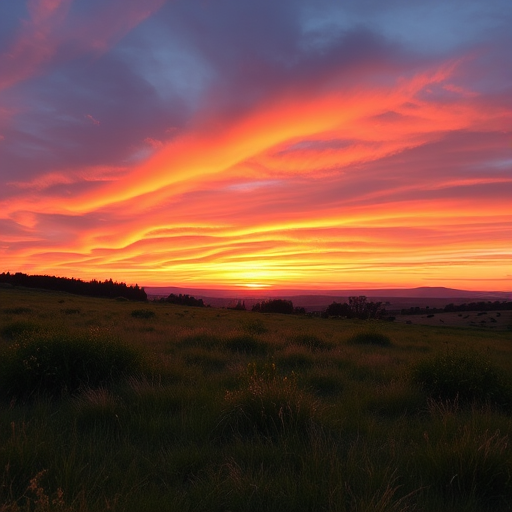 Create a high-resolution image of a serene landscape at sunset with vibrant colors, using a DSLR camera set to f/8 aperture, ISO 100, and a shutter speed of 1/60 second, captured from a low angle with a wide-angle lens.