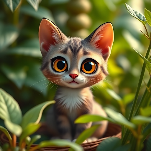 Create a high-resolution image of a cute cartoon cat with big eyes sitting among leafy plants, using a Canon EOS 5D Mark IV with 85mm f/1.8 lens, ISO 100, f/4 aperture, natural lighting, and a soft focus background.