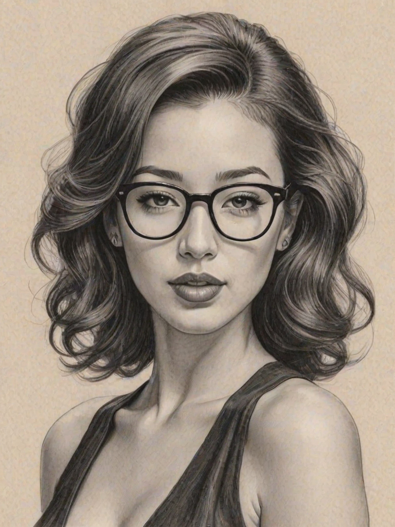Enticing Christian Serratos, pencil sketch, portrait of Superb woman 1952s in glasses, hair style beatnik, outline, clear lines, fine lines, 8k