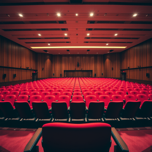 Interior of an auditorium with red seats arranged in rows, wood paneling on the walls, bright overhead lighting, and a stage at the front; captured with a DSLR camera, aperture f/2.8, ISO 400, 24mm lens, wide-angle view, natural lighting to enhance image quality.