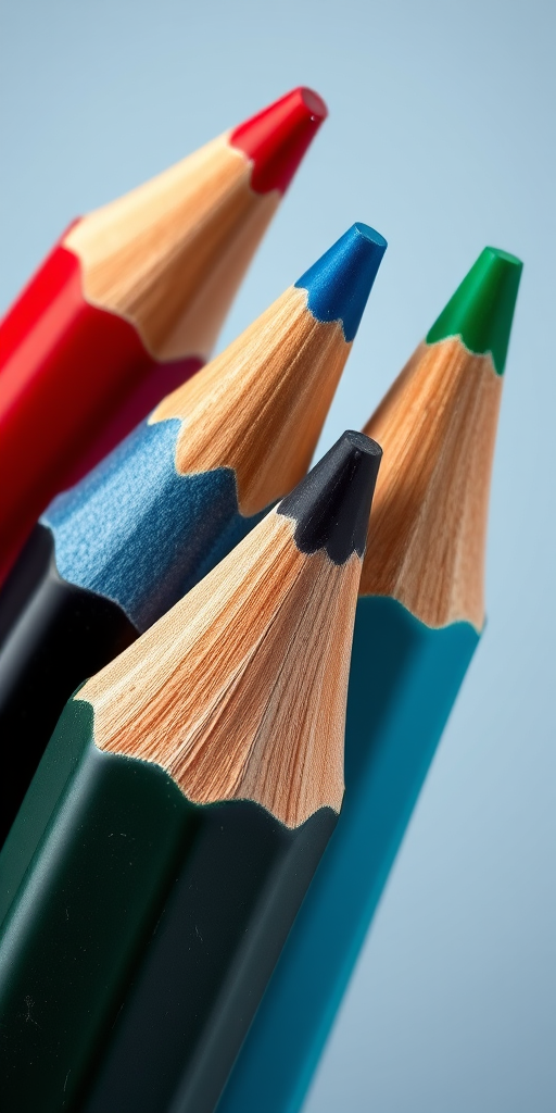 Create a high-resolution digital illustration of four colored pencils in a slightly angled view, with vibrant shades of red, blue, black, and green, using a Canon EOS R5 camera, 50mm lens, f/2.8 aperture, and ISO 100 for enhanced clarity and detail.