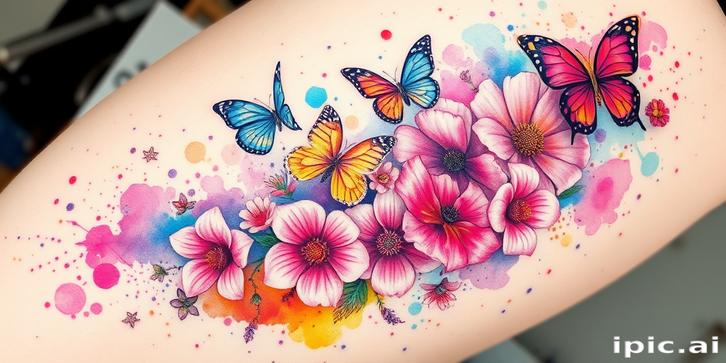 Vibrant watercolor tattoo named "Chromatic Bloom" featuring a cascade of flowers and butterflies in pastel hues melding seamlessly with bold splashes of neon colors creating a dreamy ethereal effect