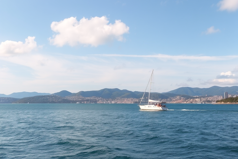 Capture a serene coastal scene featuring a boat on calm waters with a backdrop of rolling hills and urban skyline under a partly cloudy sky, using a DSLR camera with a 24-70mm lens, aperture set to f/8 for depth of field, ISO 200 for clarity, and a shutter speed of 1/250 seconds for sharpness.