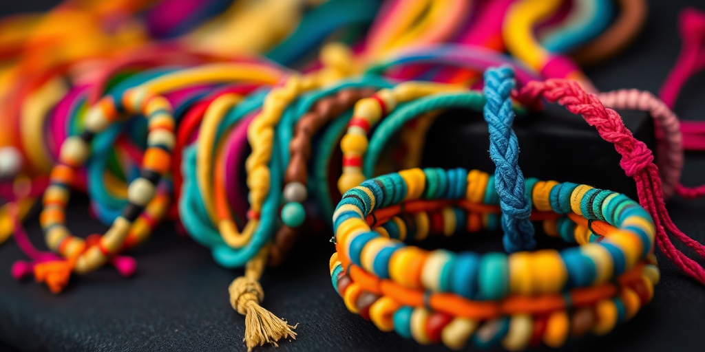 Capture a close-up shot of colorful handmade bracelets displayed on a dark surface, f/1.8 aperture, ISO 100, 50mm lens, shallow depth of field, natural light, DSLR camera, focus on details and textures.