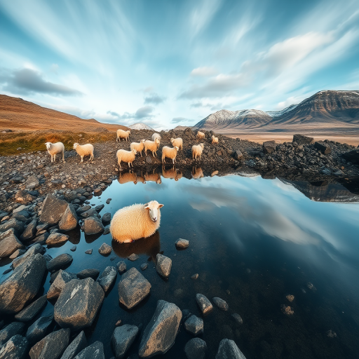 Wide-angle shot of a serene landscape featuring a flock of sheep resting by a rocky shore reflected in still water, captured with a Canon EOS R5, f/8 aperture, ISO 100, 1/200 sec shutter speed, natural lighting.