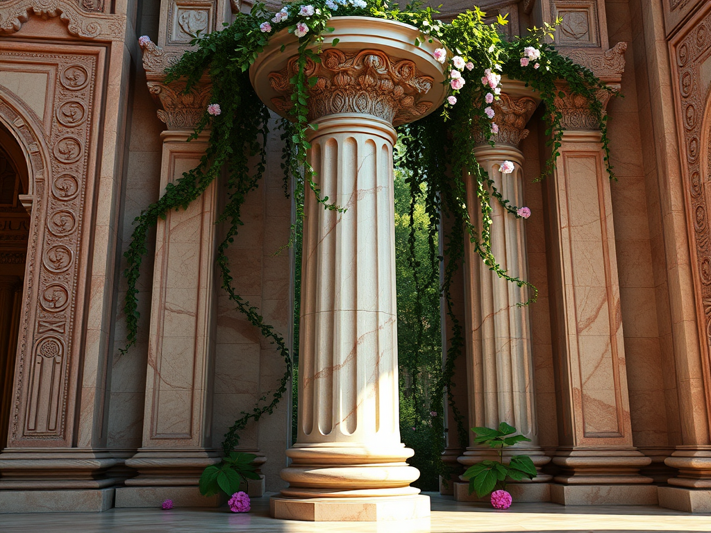 Create a highly detailed 3D render of an ancient marble column with intricate carvings, adorned with lush, cascading vines and flowers, using a DSLR camera with a 50mm lens, aperture set to f/2.8, ISO 100, shot from a low angle with soft natural lighting to enhance textures and colors.