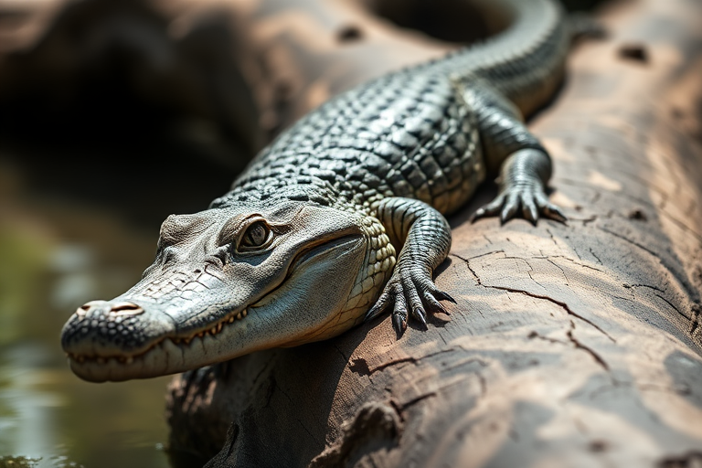 Create a hyper-realistic image of a crocodile resting on a log, using a DSLR camera with a 50mm lens, aperture f/2.8, ISO 100, and a shallow depth of field, shot in natural light from a low angle to emphasize texture and detail.