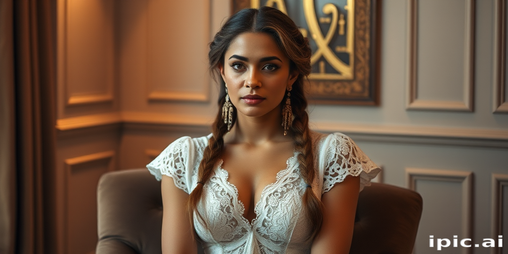 Create a portrait of a refined and elegant woman seated in a sophisticated setting. She has long, wavy hair styled in two thick braids that are pulled over her shoulders. She wears a white, lace gown with intricate patterns, featuring a deep V-neckline and short sleeves. The dress exudes a vintage charm with its delicate lacework. She is adorned with ornate, dangling earrings that add a touch of glamour to her appearance. The background is softly lit, with warm, ambient lighting that creates a cozy and inviting atmosphere. Her expression is poised and serene, capturing a sense of grace and elegance.