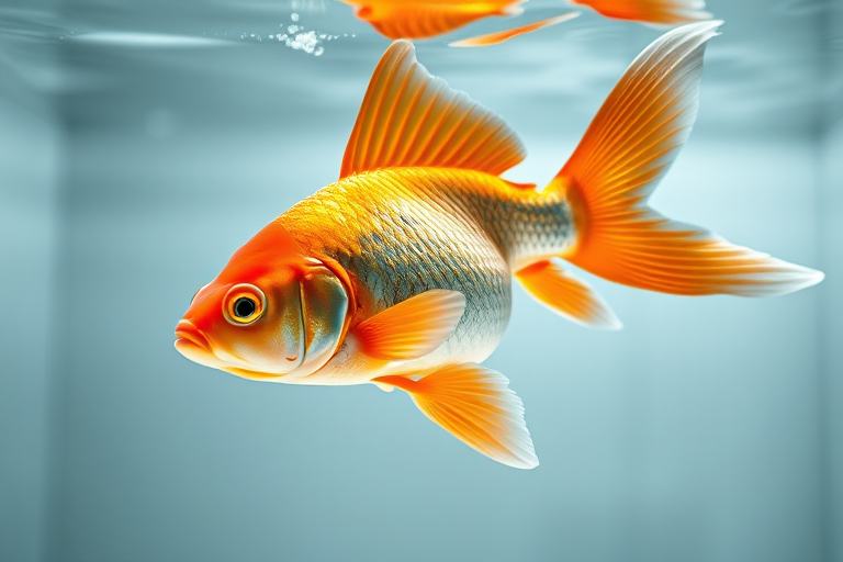 Generate an image of a goldfish swimming gracefully in clear water, with vibrant colors and detailed scales, captured with a DSLR camera at f/2.8, shutter speed 1/100s, ISO 200, in macro view, using a low angle to enhance the perspective and background blur.