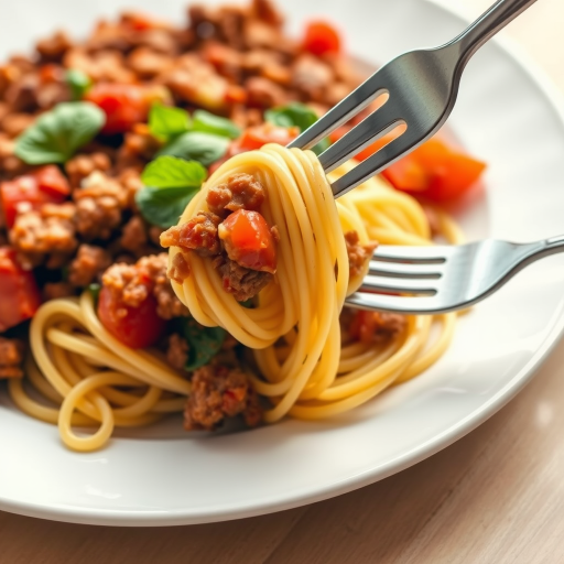 Create an image of a delicious plate of spaghetti topped with a rich meat sauce, including ground meat, tomatoes, and fresh vegetables. A fork should be twirling some pasta on the plate, which should be a simple white design. The background should be lightly blurred to focus on the dish, highlighting its appetizing colors and textures.