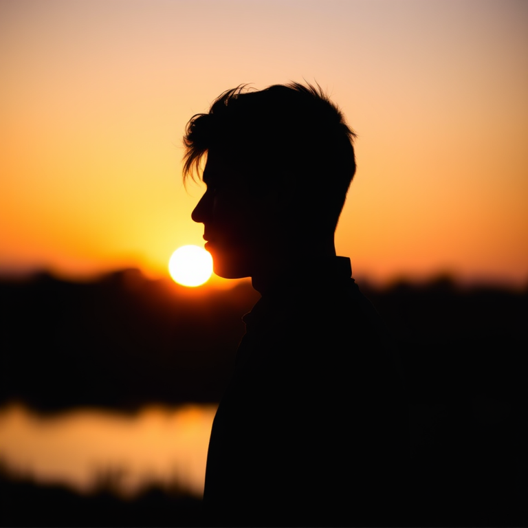 Create a high-resolution silhouette of a figure against a sunset backdrop with soft bokeh; shot with a DSLR camera, 50mm lens, f/1.8 aperture, ISO 100, and a shutter speed of 1/200s in portrait orientation.
