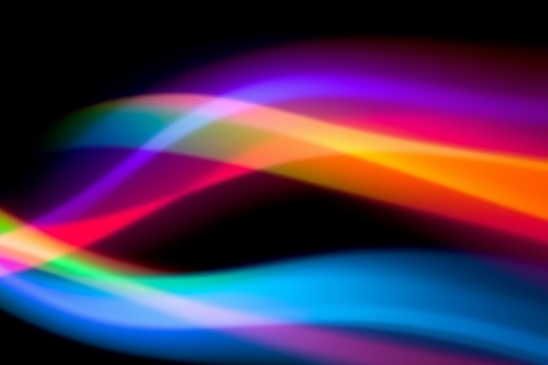 Create a vibrant abstract light wave with colors blending smoothly, using a DSLR camera, 50mm lens, f/1.8 aperture, ISO 100, 1/200s shutter speed, with a soft focus and a black background for contrast.