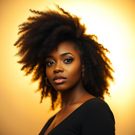 portrait of a woman with a large afro hairstyle against a golden background, soft lighting, aperture f/1.8, shutter speed 1/125, ISO 100, 85mm lens, shallow depth of field, high dynamic range, digital photography