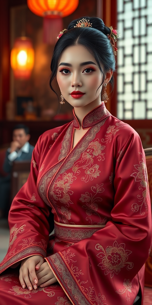 A beautiful Vietnamese woman in traditional East Asian attire, intricately detailed with embroidered patterns, sitting gracefully in a richly decorated room, soft ambient lighting, serene and elegant, ultra-realistic, 8K resolution