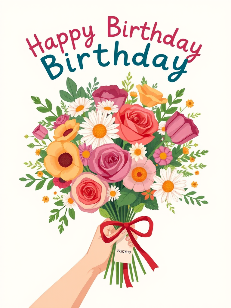 Create a colorful illustration of a birthday bouquet featuring a variety of flowers such as roses, daisies, and greenery. Include a hand holding the bouquet, and add a tag that says For You. The background should be a soft cream color with the words Happy Birthday in a playful font above the bouquet.