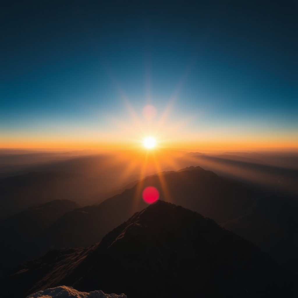 sunrise over a mountain landscape with sun rays, captured with a Canon EOS R5, 24mm lens, f/8 aperture, 1/200 sec shutter speed, ISO 100, shot in landscape orientation, using a soft focus filter for enhanced depth and vibrancy