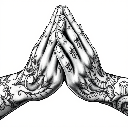 Create a detailed illustration of two hands pressed together in a prayer position with intricate tattoos, using a DSLR camera with a 50mm lens, f/1.8 aperture, ISO 100, natural light, and high dynamic range for enhanced quality.