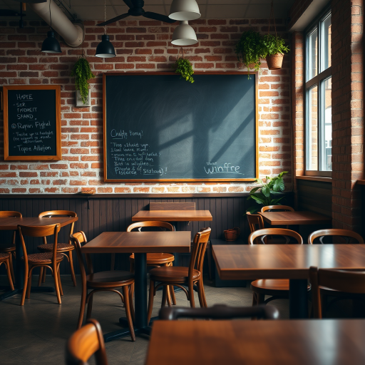 cozy cafe interior with wooden tables, brick wall, empty chalkboard, soft warm lighting, plants hanging, shot with a Canon EOS R5, 50mm lens, f/1.8, ISO 200, natural light, shallow depth of field, warm color grading