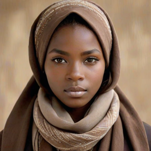Create a portrait of a young Zulu female with long, dark hair and captivating hazel eyes. She is wearing a brown headscarf and a matching scarf draped gracefully around her neck. The background is softly blurred, focusing attention on her serene and natural expression. The overall color palette is muted and warm, enhancing the intimate and authentic feel of the portrait.