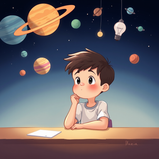 Create an illustration of a young boy sitting at a table, looking thoughtfully, with planets and light bulbs orbiting above his head, using a high-resolution digital art style, with a soft color palette and smooth lines, captured as if taken with a DSLR camera at f/2.8, ISO 100, 50mm lens, with a soft focus background and sharp foreground details.
