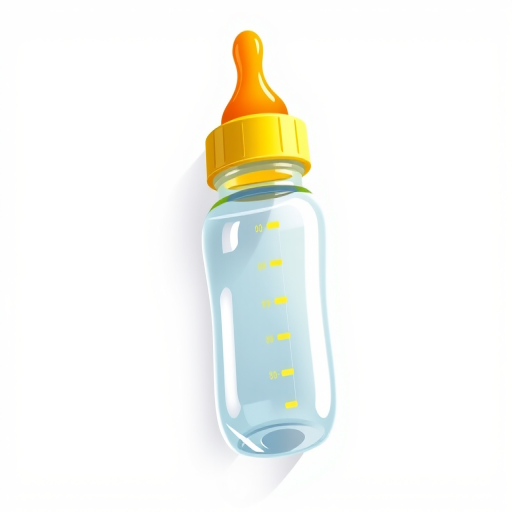 Create a highly detailed vector illustration of a baby bottle with a yellow lid and orange nipple, using a DSLR camera at f/2.8 aperture, 50mm lens, top-down view, with soft lighting to enhance colors and shadows.