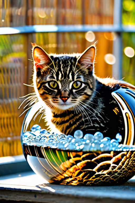 petit chat qui lit dans une boule de cristal dans un grenier