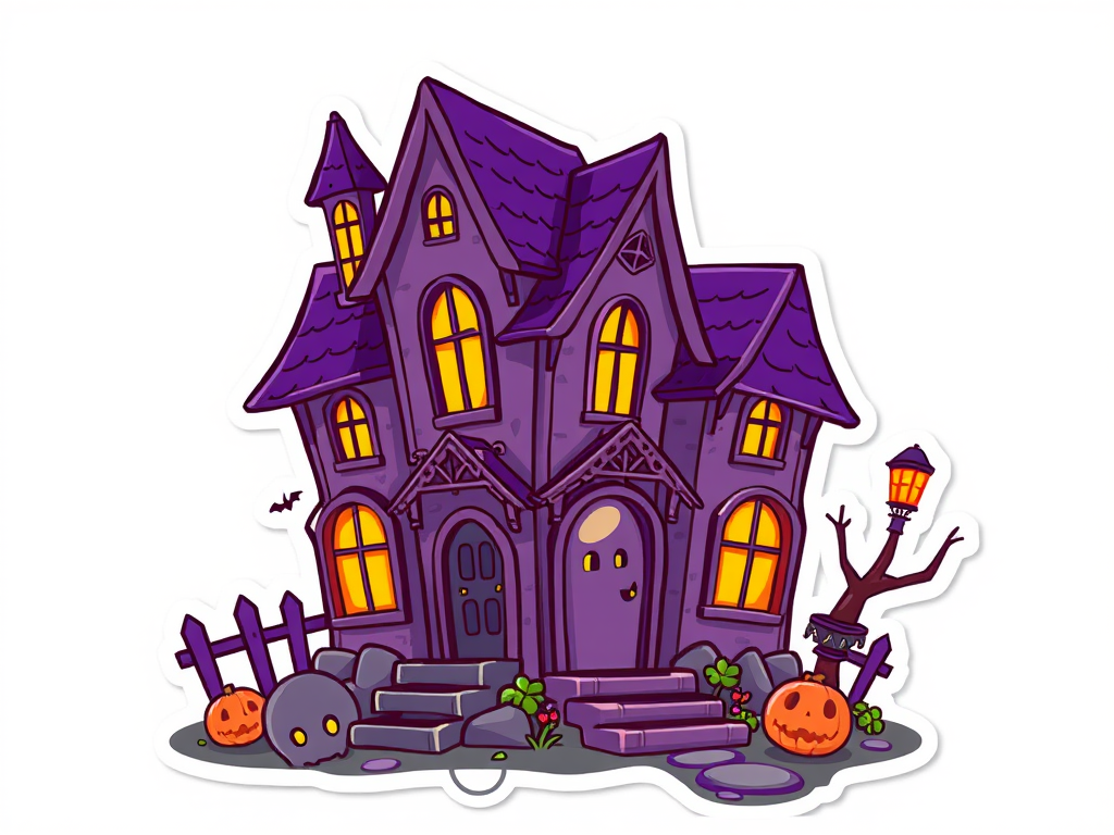 create a kawaii Haunted house sticker, 3d digital art, colorful background, sticker line weight