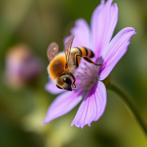 Close-up shot of a bee on a purple flower, natural lighting, macro lens, aperture f/2.8, shutter speed 1/250s, ISO 200, depth of field focus on the bee, DSLR camera.